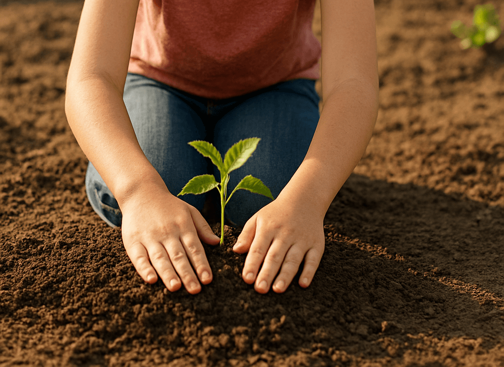 A child with hands on a sappling showing emotional connection for future generations